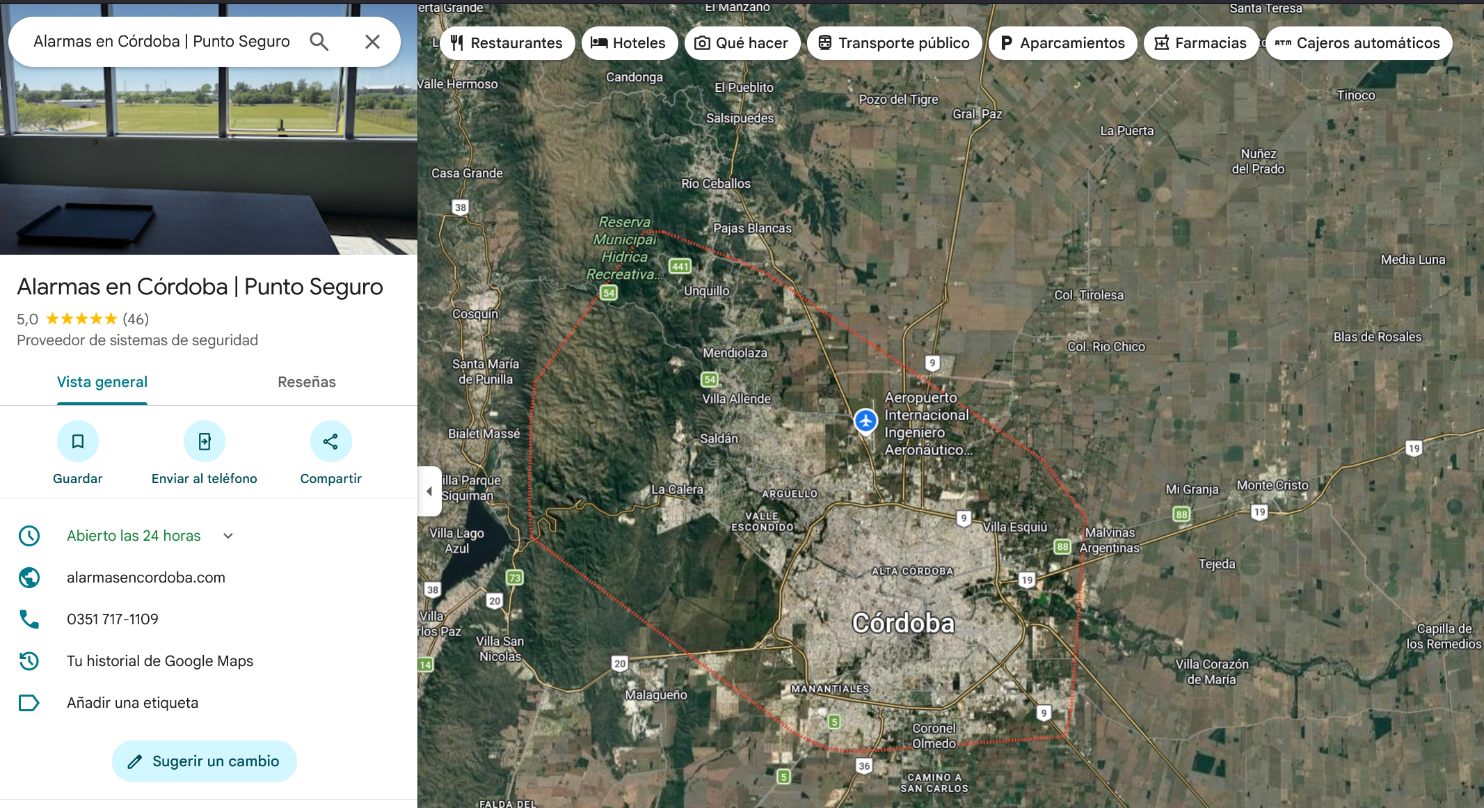 Ejemplo de perfil de Google Maps de Alarmas en Córdoba