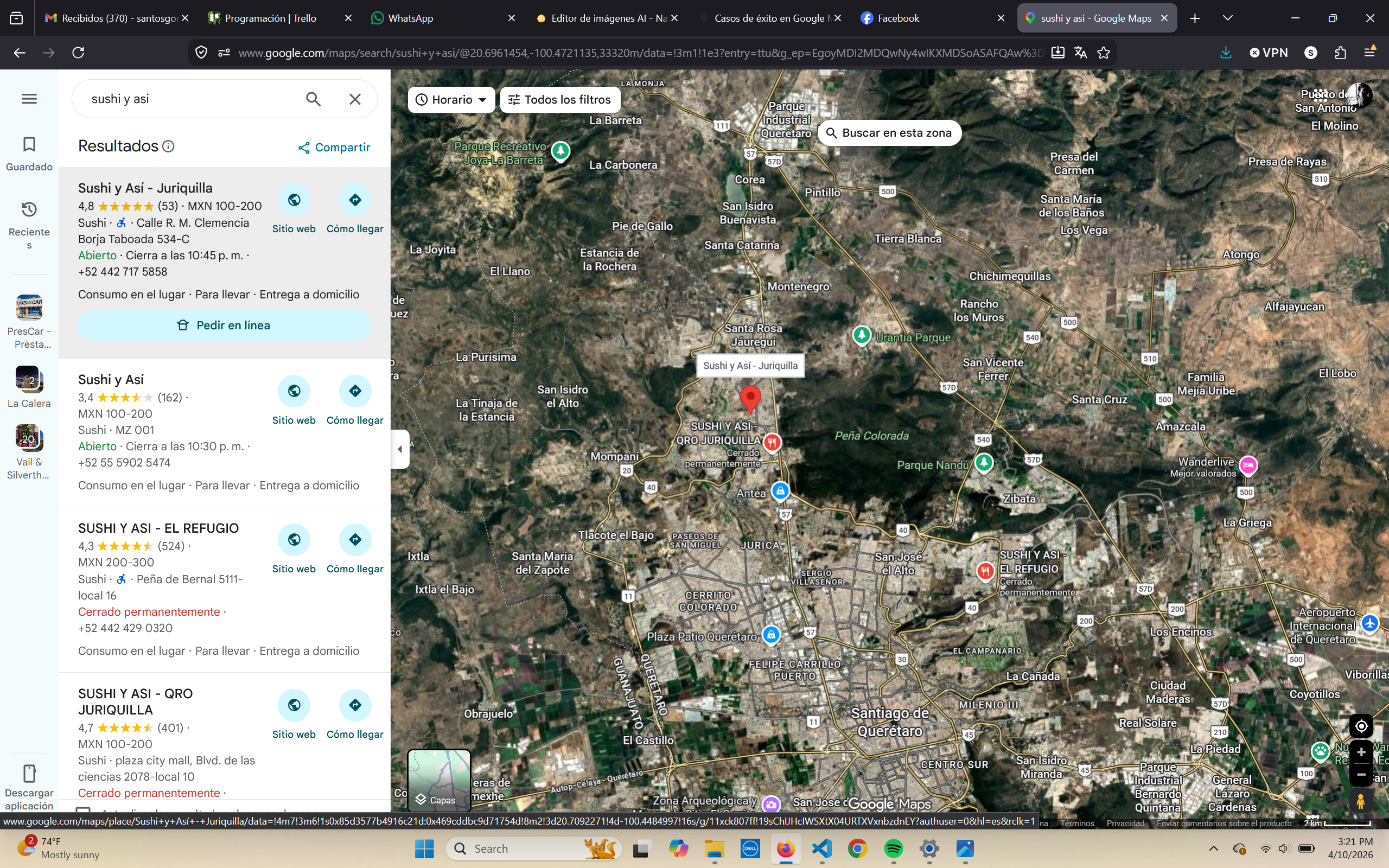 Ejemplo de perfil de Google Maps de Sushi y Así